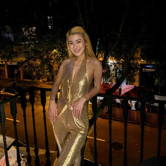Gold Backless Halter Sequin Jumpsuit, S - Picture 4 of 7